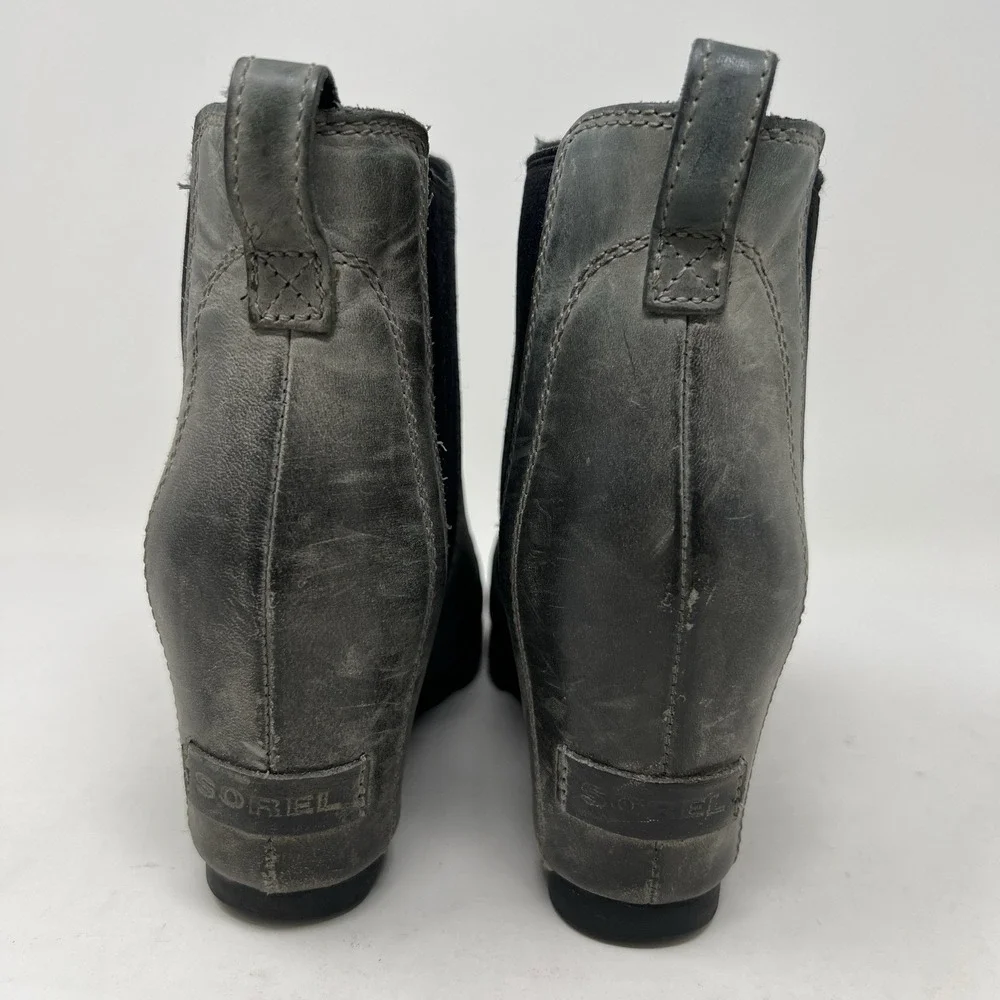 Sorel Boots Women's 6.5 Lea‎ Wedge Waterproof Leather Gray Chelsea Ankle Booties